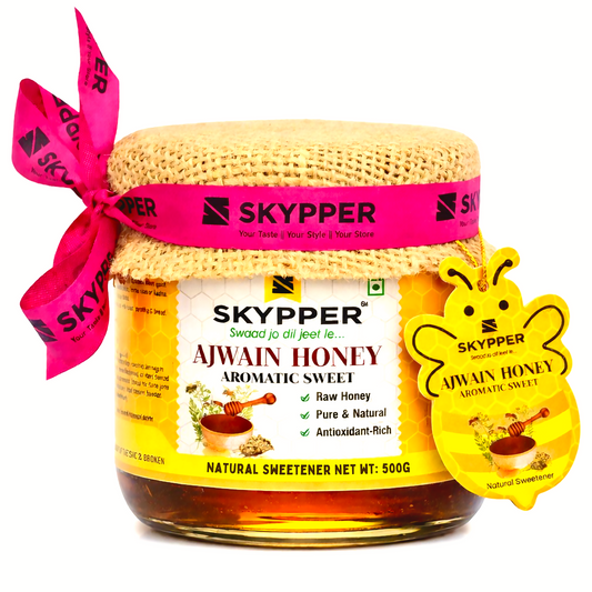 Skypper Ajwain Honey | Pure & Natural | Rich Aroma & Balanced Sweetness | Loaded with Enzymes, Minerals & Antioxidants | Daily Health Tonic | Food-Grade Glass Jar (250g,500g,700g Ajwain Honey)