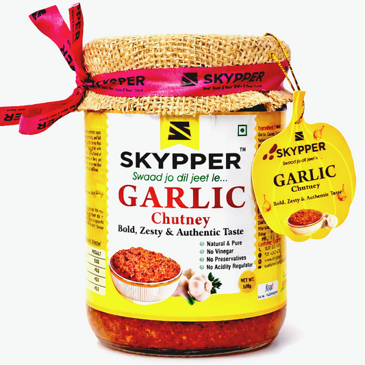 Skypper Garlic Chutney | Traditional Tangy & Spicy Indian Achar | Handcrafted, Sun-Dried & Naturally Preserved | Made with Cold-Pressed Mustard Oil | Food Graded Glass Jar