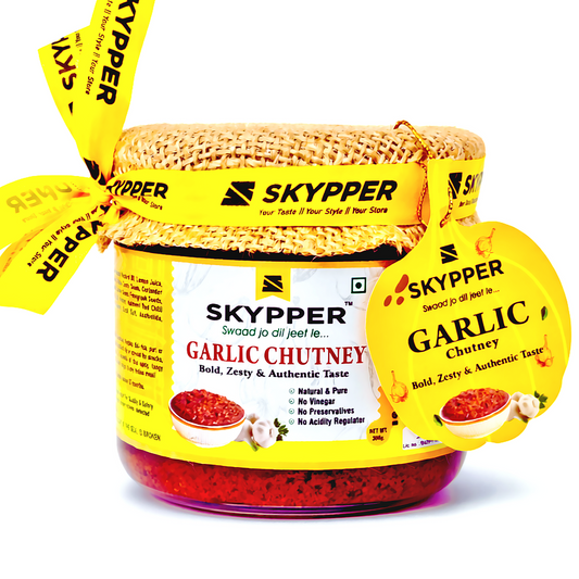 Skypper Garlic Chutney | Traditional Tangy & Spicy Indian Achar | Handcrafted, Sun-Dried & Naturally Preserved | Made with Cold-Pressed Mustard Oil | Food Graded Glass Jar