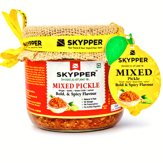 Skypper Mixed Pickle Garlic Ginger Chilli | Traditional Tangy & Spicy Indian Achar | Handcrafted, Sun-Dried & Naturally Preserved | Made with Cold-Pressed Mustard Oil | Food Graded Glass Jar