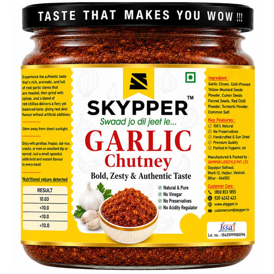 Jar of Skypper Garlic Chutney with yellow label and black lid.