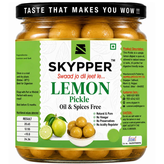 Jar of Skypper lemon pickle with green label on a white background