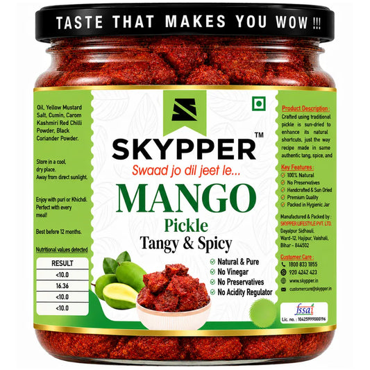 Jar of Skypper Mango Pickle with green label on a white background