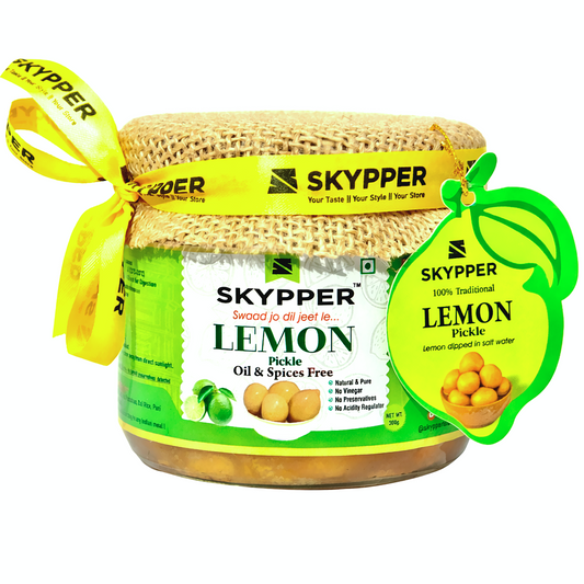 Skypper Lemon Pickle | Traditional Indian Achar | Handcrafted & Sun-Dried 20 Days | 100% Natural | Oil and Spices Free | No Preservatives & Colours | Tangy and Salty | Packed in Glass Jar