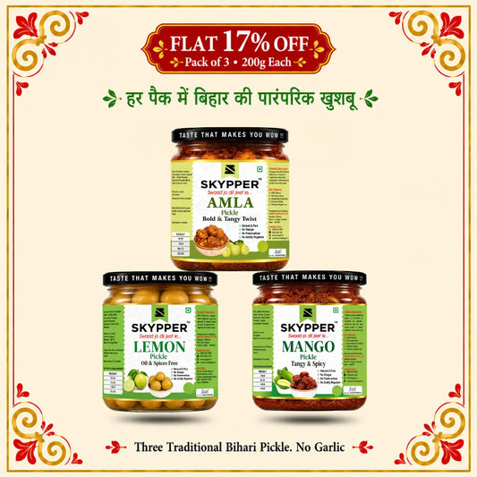 Three jars of Skypper pickles with promotional text on a decorative background