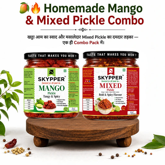 Two jars of Skypper Mango and Mixed Pickle on a wooden stand with text about the combo pack.