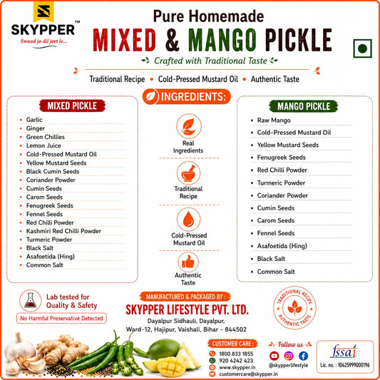 Product information card for Skypper Pure Homemade Mixed & Mango Pickle with ingredients and branding details.