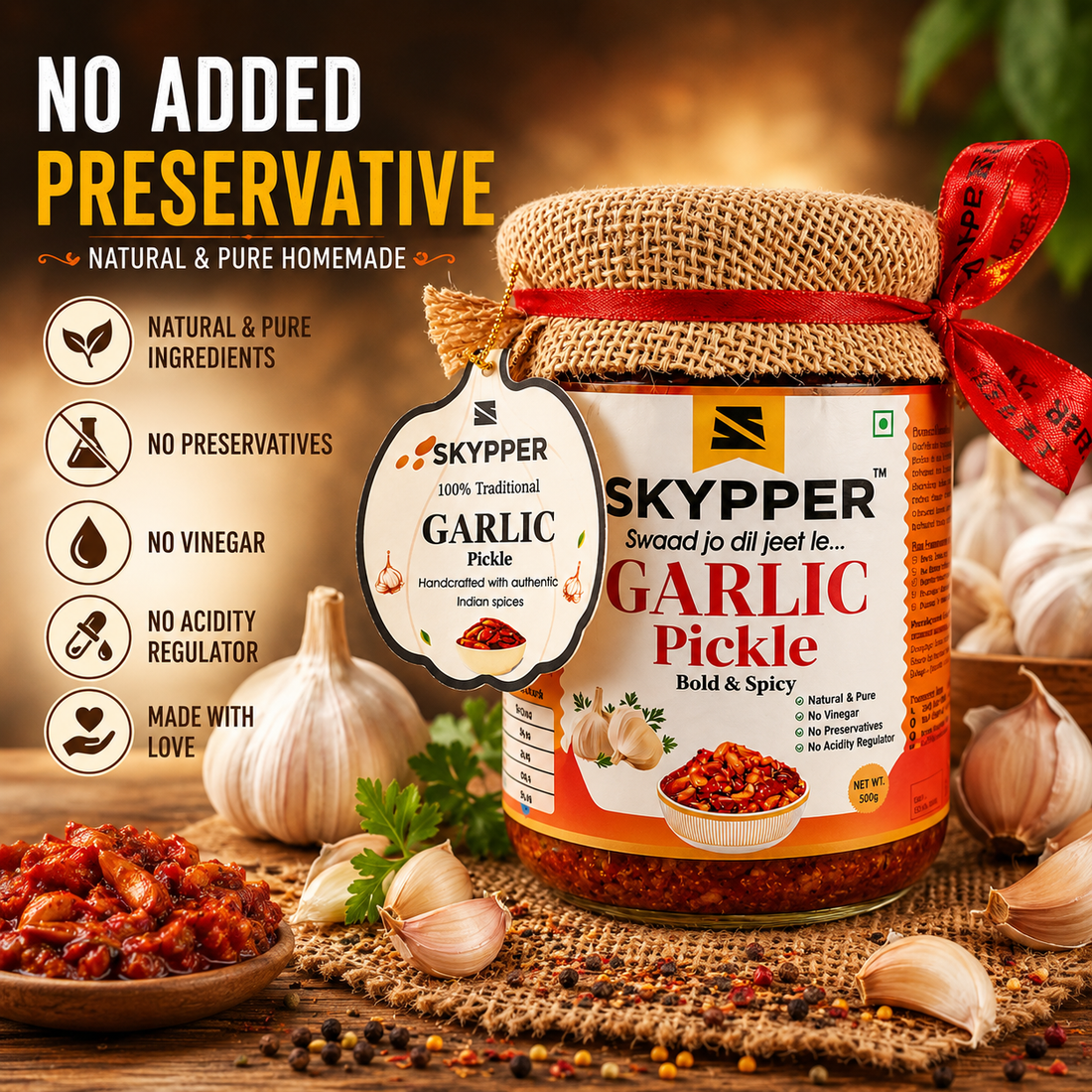 Homemade garlic pickle jar by Skypper Foods