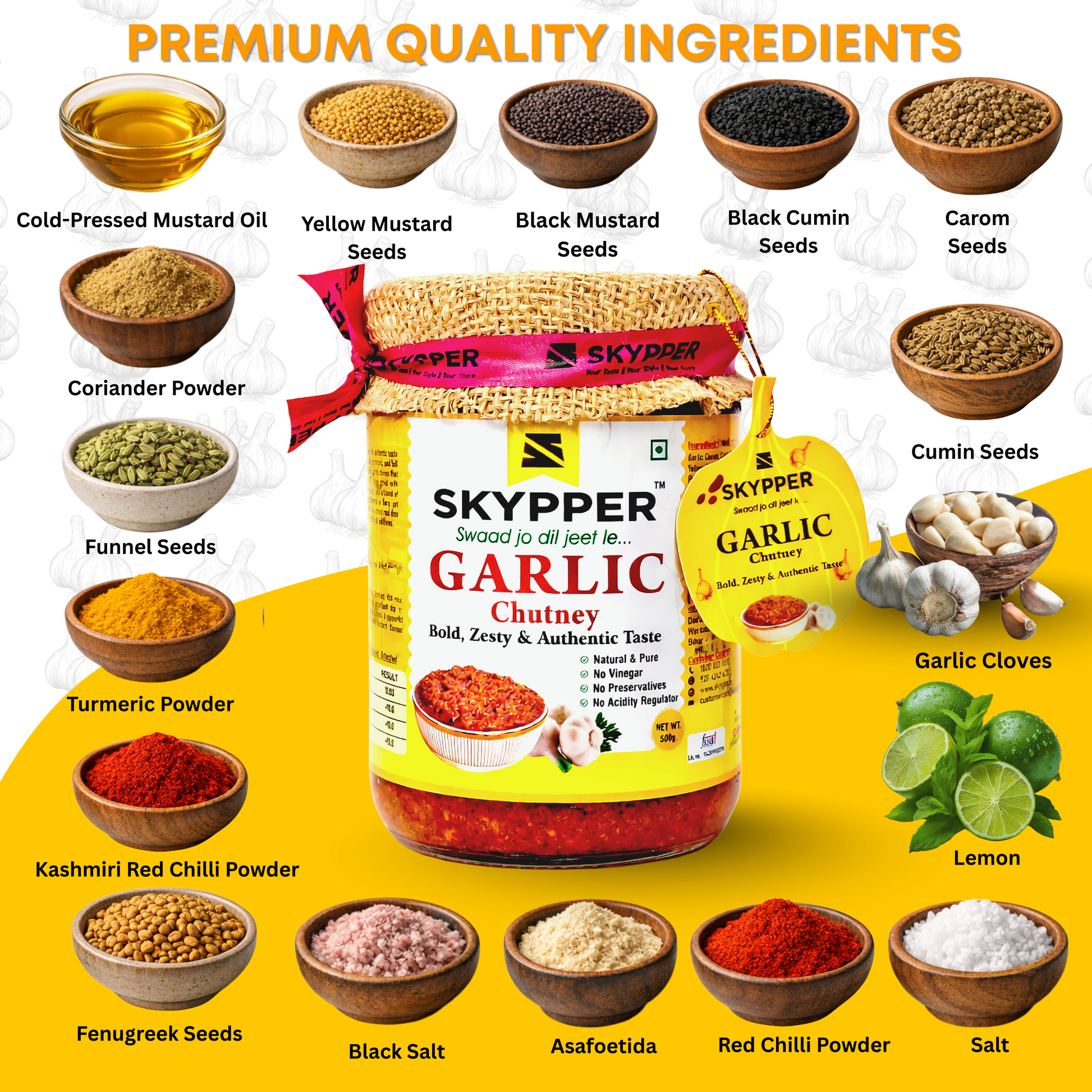 Skypper Garlic Chutney | Traditional Tangy & Spicy Indian Achar | Handcrafted, Sun-Dried & Naturally Preserved | Made with Cold-Pressed Mustard Oil | Food Graded Glass Jar