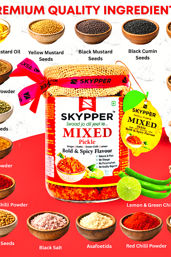 Skypper Mixed Pickle Garlic Ginger Chilli | Traditional Tangy & Spicy Indian Achar | Handcrafted, Sun-Dried & Naturally Preserved | Made with Cold-Pressed Mustard Oil | Food Graded Glass Jar