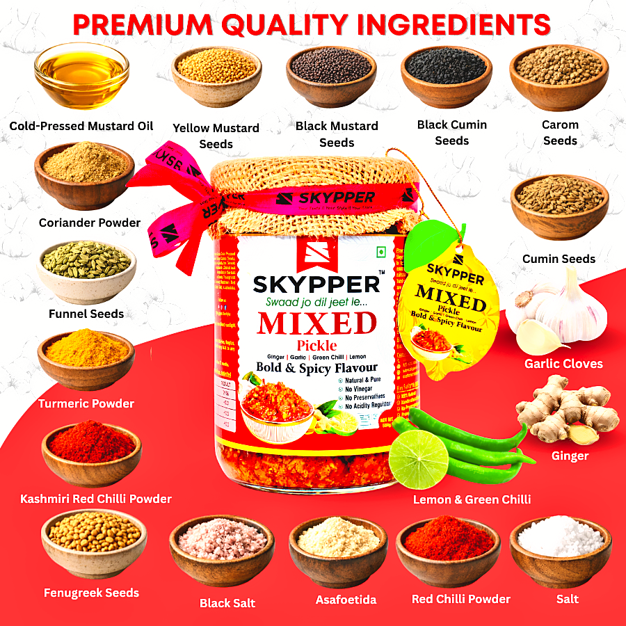 Skypper Mixed Pickle Garlic Ginger Chilli | Traditional Tangy & Spicy Indian Achar | Handcrafted, Sun-Dried & Naturally Preserved | Made with Cold-Pressed Mustard Oil | Food Graded Glass Jar