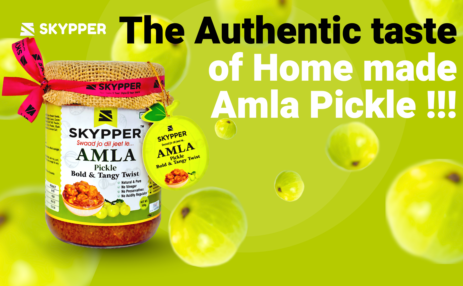 Skypper Amla Pickle | Traditional Tangy & Spicy Indian Achar | Handcrafted, Sun-Dried & Naturally Preserved | Made with Cold-Pressed Mustard Oil | Food Graded Glass Jar banner