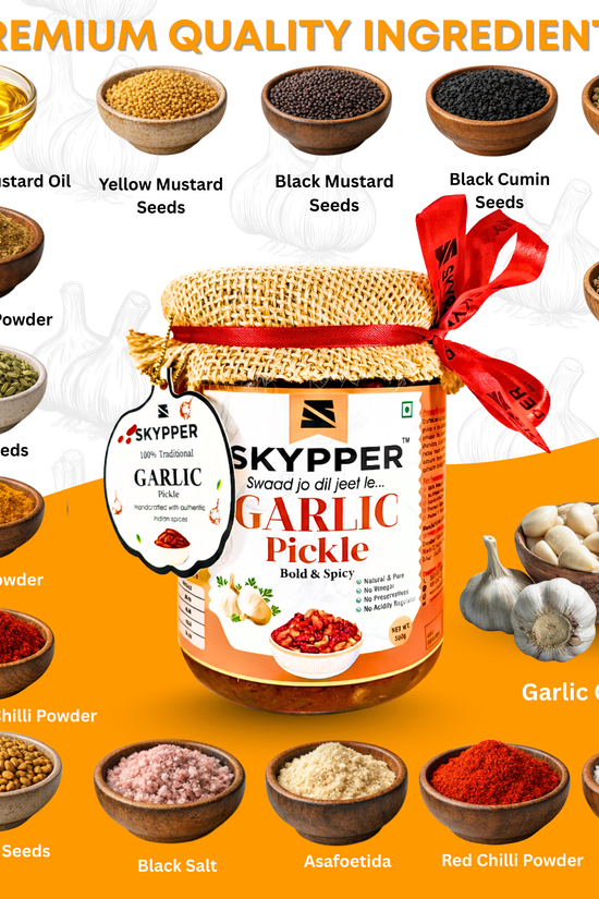 Skypper Garlic Pickle | Traditional Tangy & Spicy Indian Achar | Handcrafted, Sun-Dried & Naturally Preserved | Made with Cold-Pressed Mustard Oil | Food Graded Glass Jar