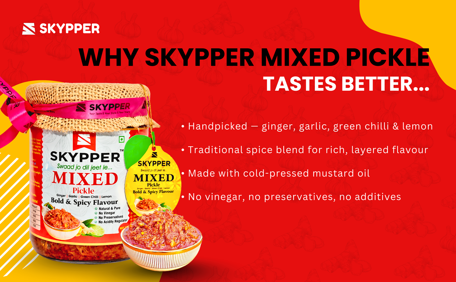 Skypper Mixed Pickle Garlic Ginger Chilli | Traditional Tangy & Spicy Indian Achar | Handcrafted, Sun-Dried & Naturally Preserved | Made with Cold-Pressed Mustard Oil | Food Graded Glass Jar banner