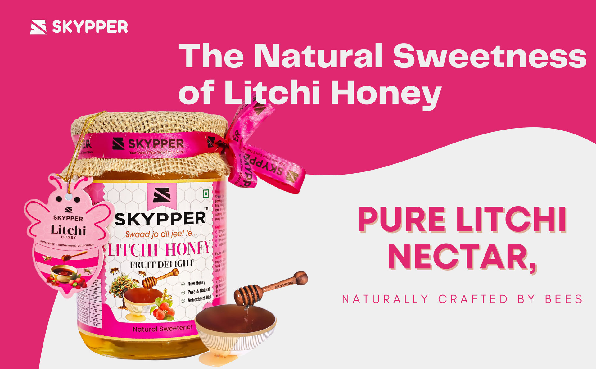 Skypper Litchi Honey| Pure & Natural | Rich Aroma & Balanced Sweetness | Loaded with Enzymes, Minerals & Antioxidants | Daily Health Tonic | Food-Grade Glass Jar (250g,500g,700g Litchi Honey) banner