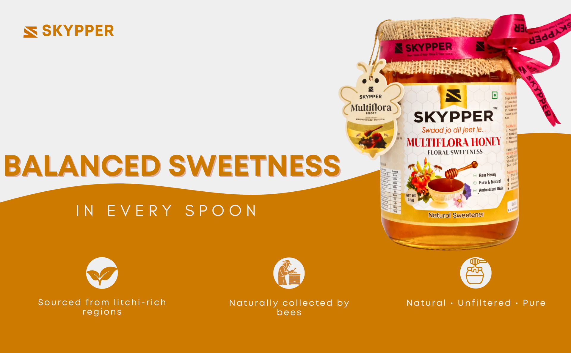 Skypper Multiflora Honey | Pure & Natural | Rich Aroma & Balanced Sweetness | Loaded with Enzymes, Minerals & Antioxidants | Daily Health Tonic | Food-Grade Glass Jar (250g,500g,700g Multiflora Honey) banner