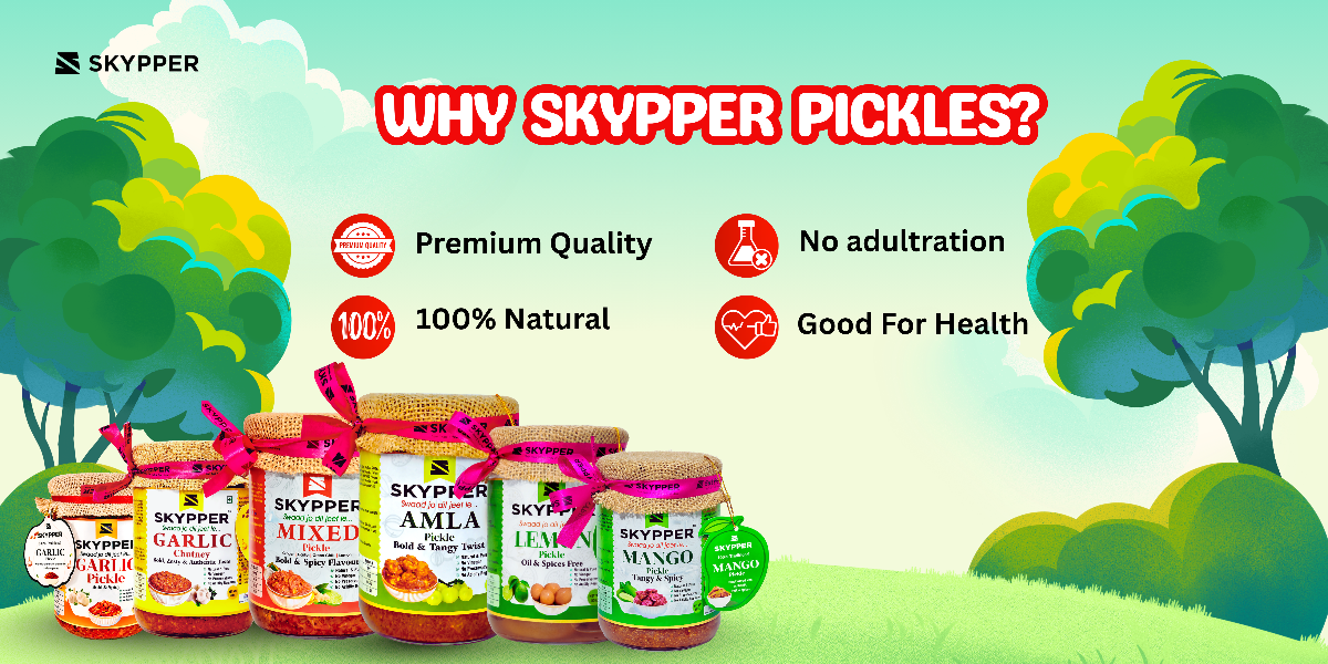 Promotional image of Skypper pickles with a scenic background