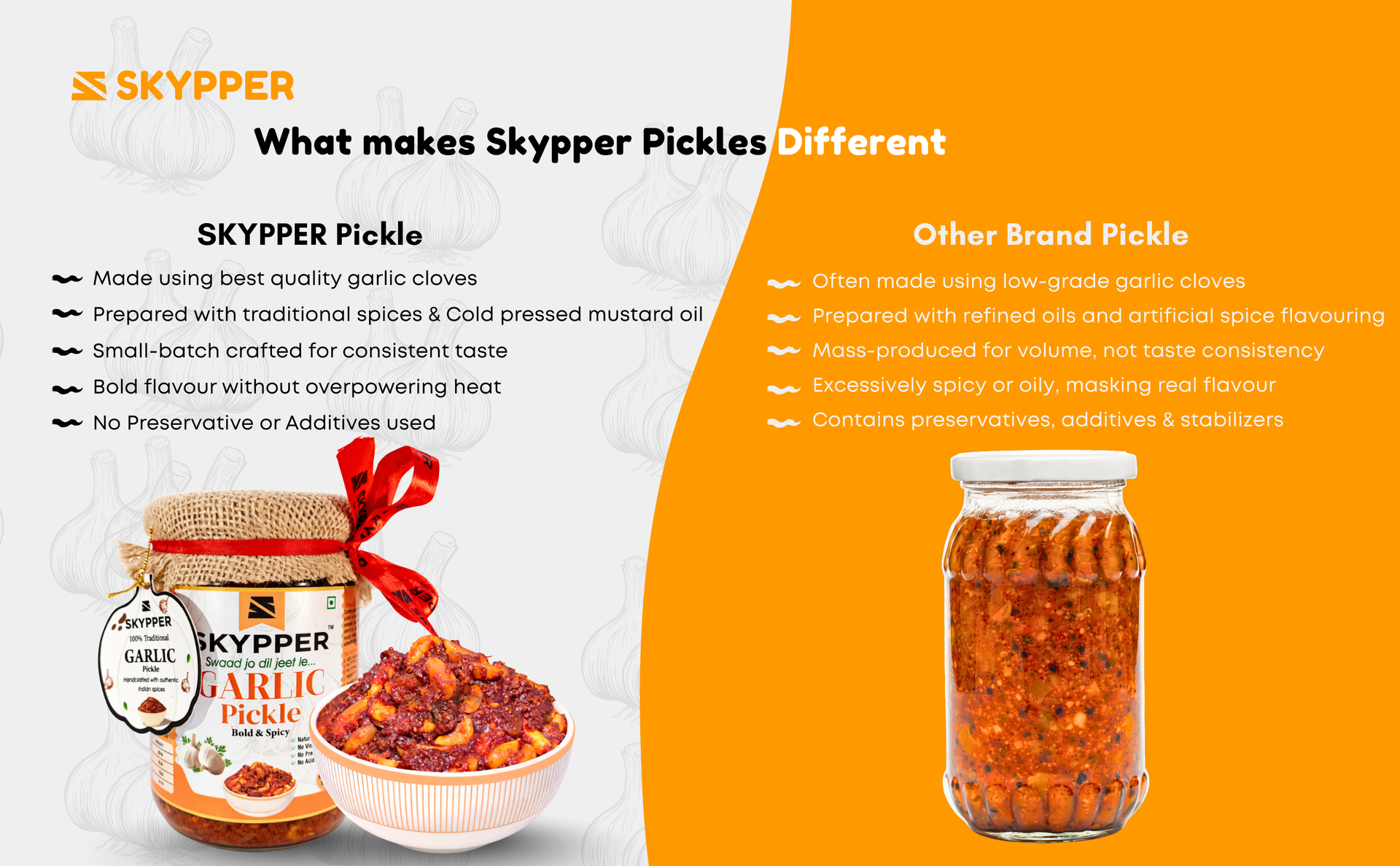 Skypper Garlic Pickle | Traditional Tangy & Spicy Indian Achar | Handcrafted, Sun-Dried & Naturally Preserved | Made with Cold-Pressed Mustard Oil | Food Graded Glass Jar banner