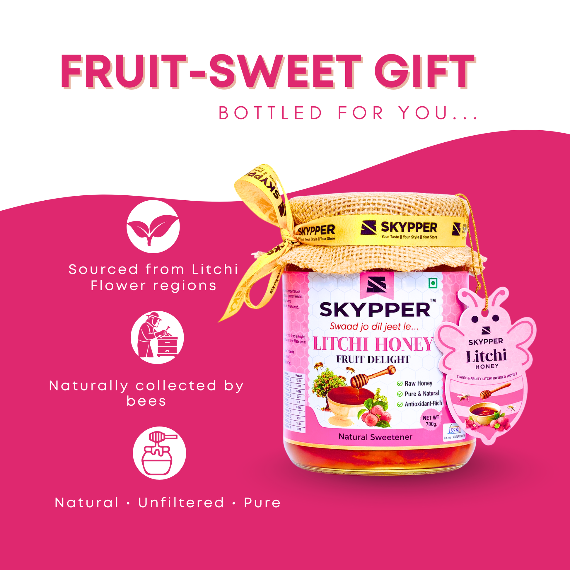 Skypper Litchi Honey| Pure & Natural | Rich Aroma & Balanced Sweetness | Loaded with Enzymes, Minerals & Antioxidants | Daily Health Tonic | Food-Grade Glass Jar (250g,500g,700g Litchi Honey)