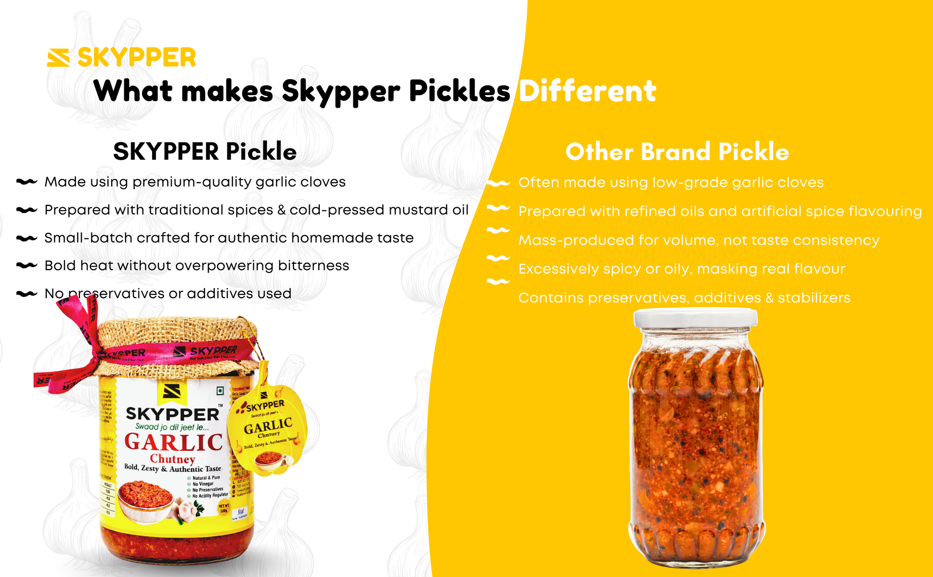 Skypper Garlic Chutney | Traditional Tangy & Spicy Indian Achar | Handcrafted, Sun-Dried & Naturally Preserved | Made with Cold-Pressed Mustard Oil | Food Graded Glass Jar banner