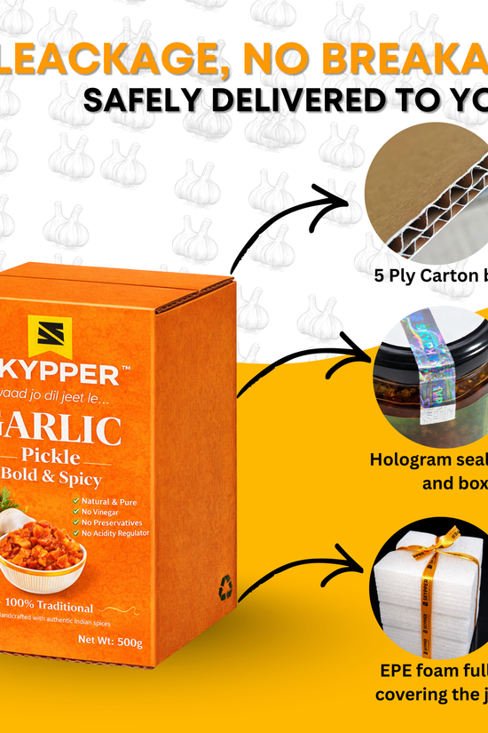 Skypper Garlic Pickle | Traditional Tangy & Spicy Indian Achar | Handcrafted, Sun-Dried & Naturally Preserved | Made with Cold-Pressed Mustard Oil | Food Graded Glass Jar