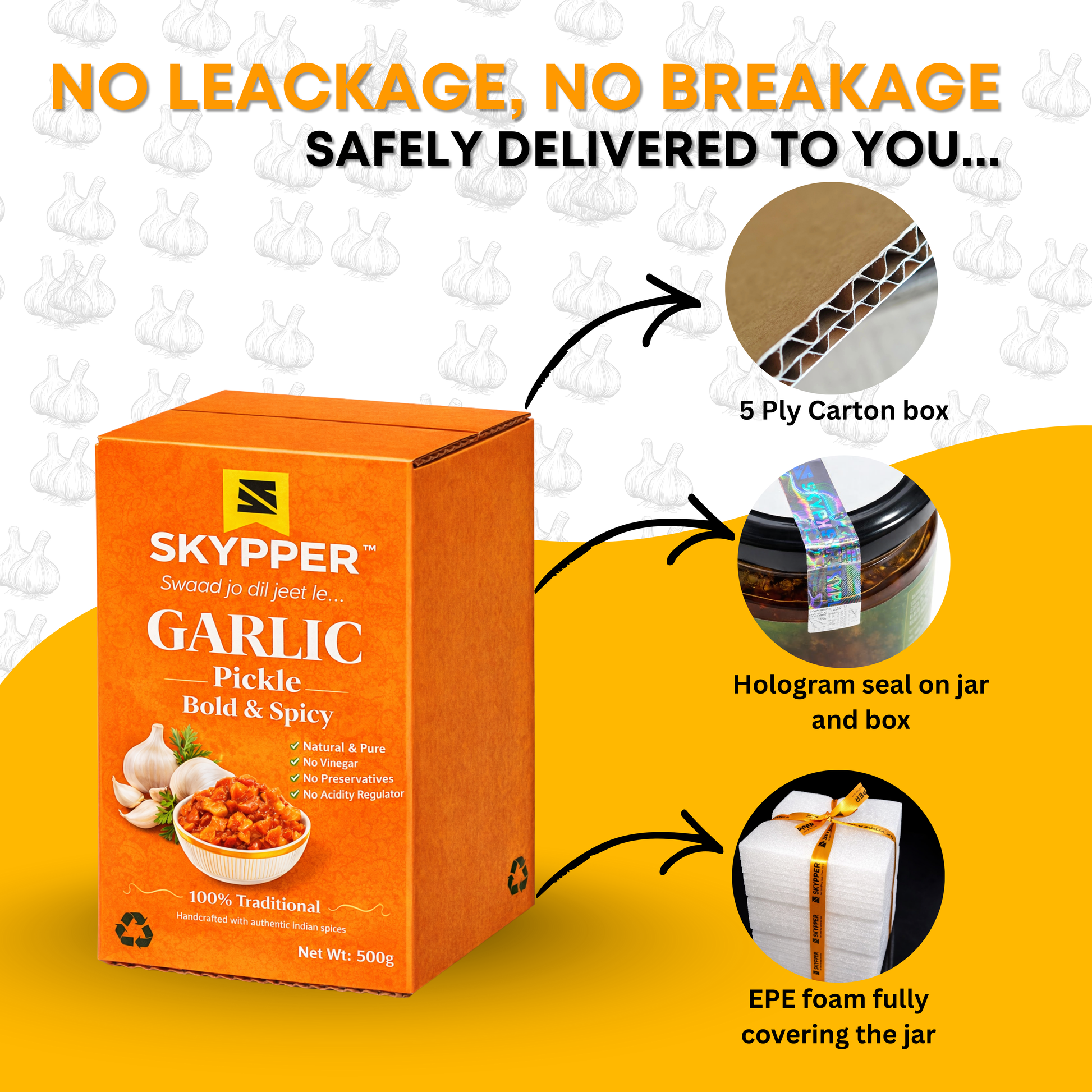 Skypper Garlic Pickle | Traditional Tangy & Spicy Indian Achar | Handcrafted, Sun-Dried & Naturally Preserved | Made with Cold-Pressed Mustard Oil | Food Graded Glass Jar