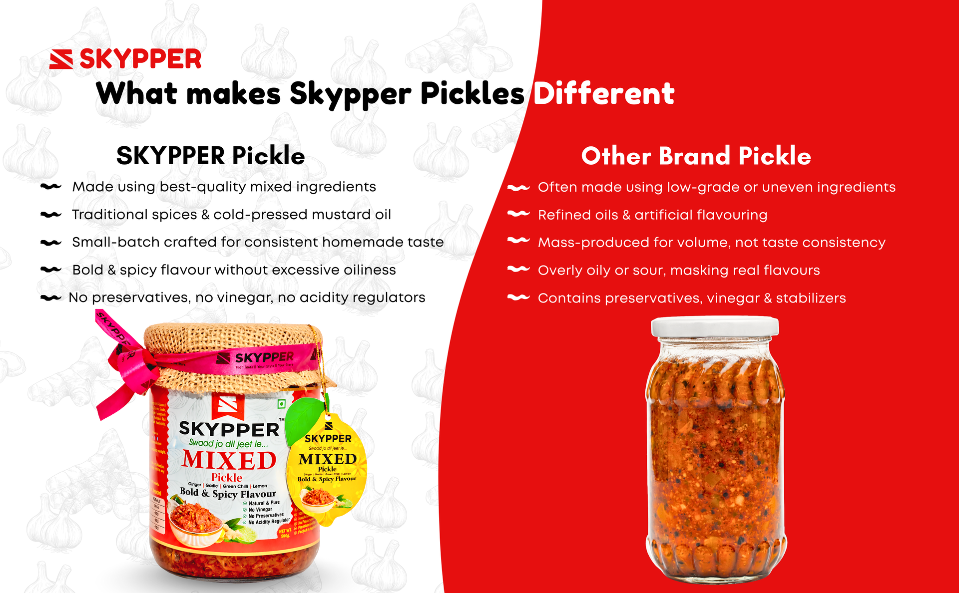 Skypper Mixed Pickle Garlic Ginger Chilli | Traditional Tangy & Spicy Indian Achar | Handcrafted, Sun-Dried & Naturally Preserved | Made with Cold-Pressed Mustard Oil | Food Graded Glass Jar banner