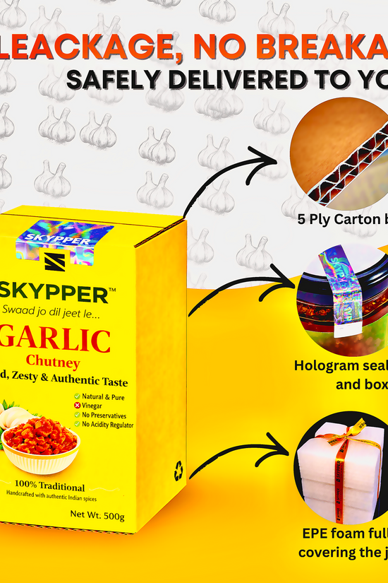 Skypper Garlic Chutney | Traditional Tangy & Spicy Indian Achar | Handcrafted, Sun-Dried & Naturally Preserved | Made with Cold-Pressed Mustard Oil | Food Graded Glass Jar