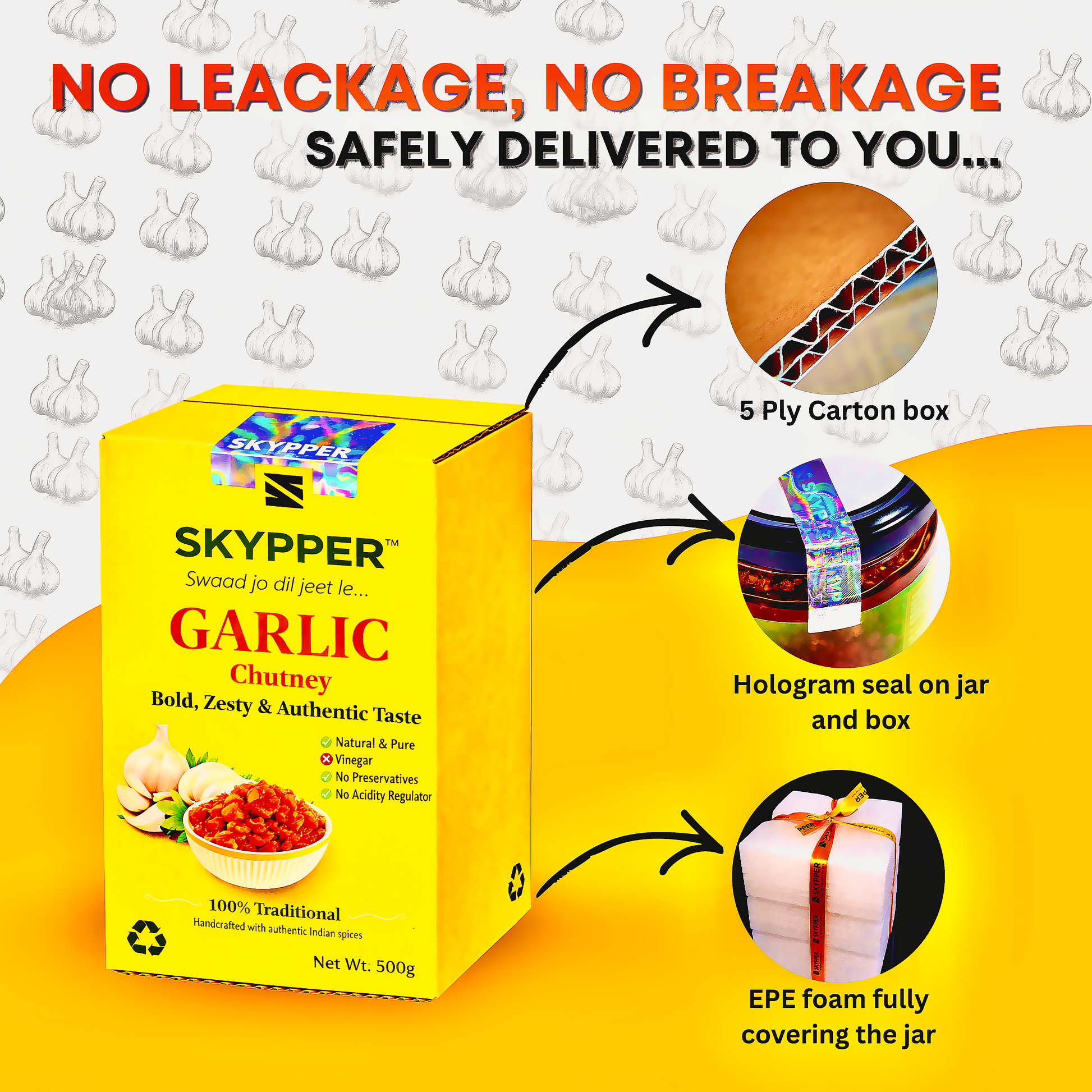 Skypper Garlic Chutney | Traditional Tangy & Spicy Indian Achar | Handcrafted, Sun-Dried & Naturally Preserved | Made with Cold-Pressed Mustard Oil | Food Graded Glass Jar