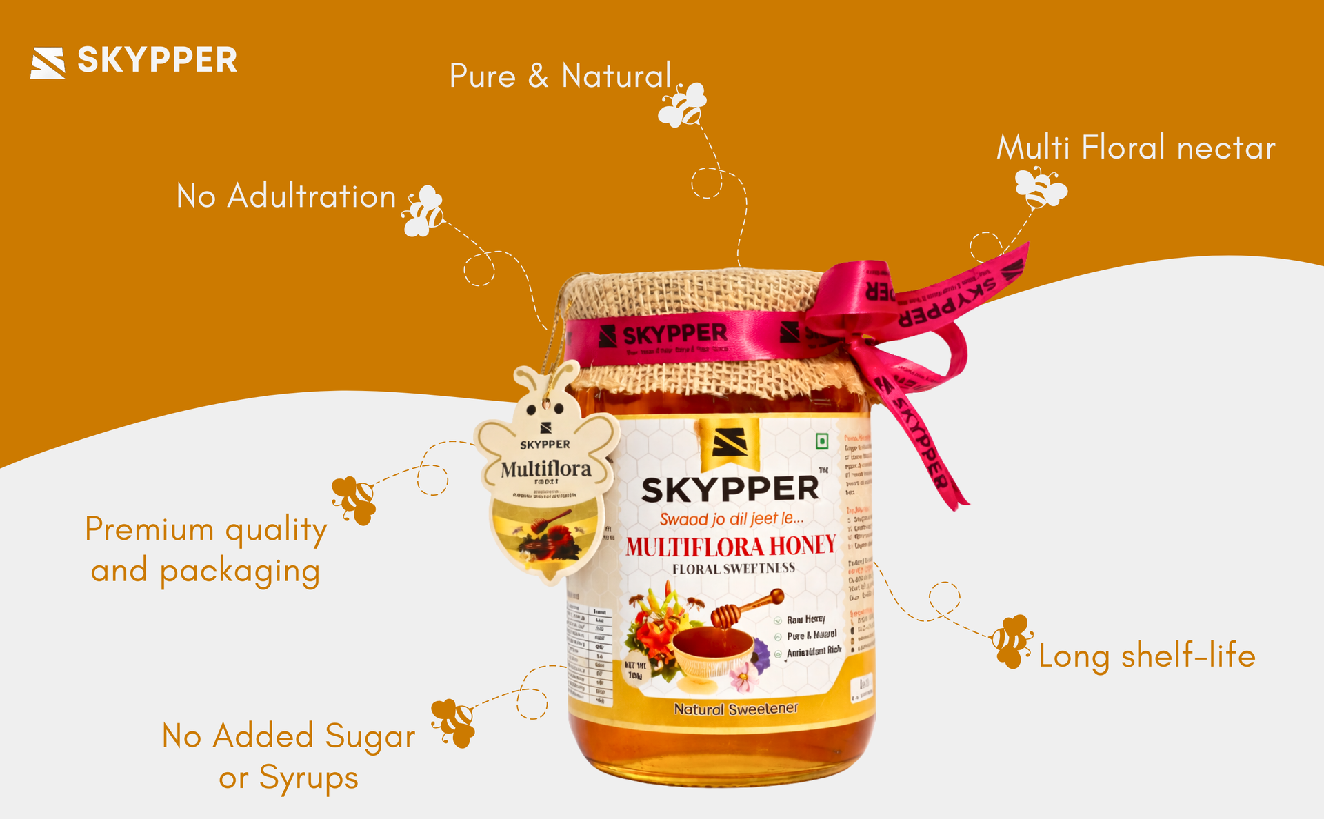 Skypper Multiflora Honey | Pure & Natural | Rich Aroma & Balanced Sweetness | Loaded with Enzymes, Minerals & Antioxidants | Daily Health Tonic | Food-Grade Glass Jar (250g,500g,700g Multiflora Honey) banner