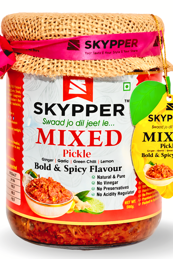 Skypper Mixed Pickle Garlic Ginger Chilli | Traditional Tangy & Spicy Indian Achar | Handcrafted, Sun-Dried & Naturally Preserved | Made with Cold-Pressed Mustard Oil | Food Graded Glass Jar