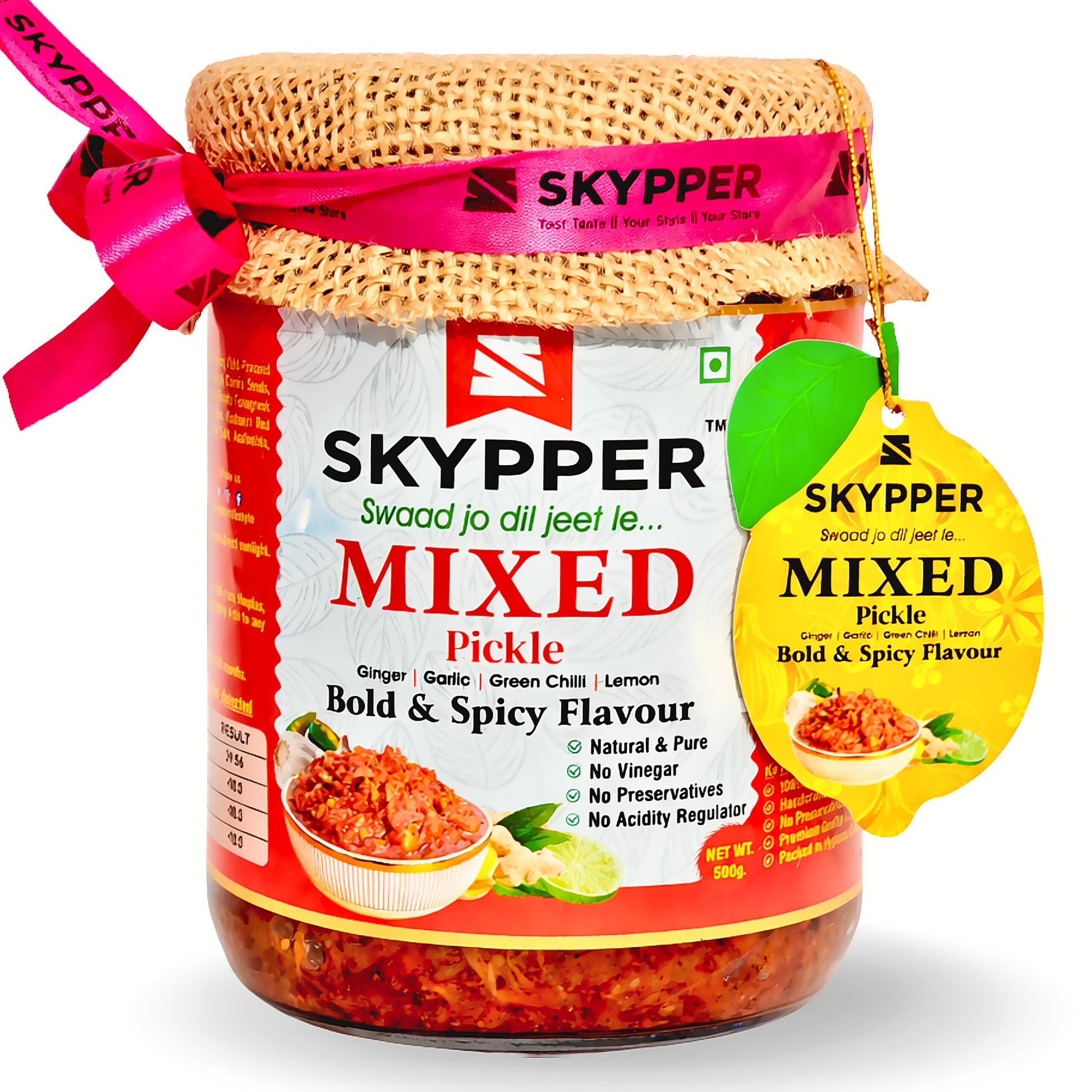 Skypper Mixed Pickle Garlic Ginger Chilli | Traditional Tangy & Spicy Indian Achar | Handcrafted, Sun-Dried & Naturally Preserved | Made with Cold-Pressed Mustard Oil | Food Graded Glass Jar