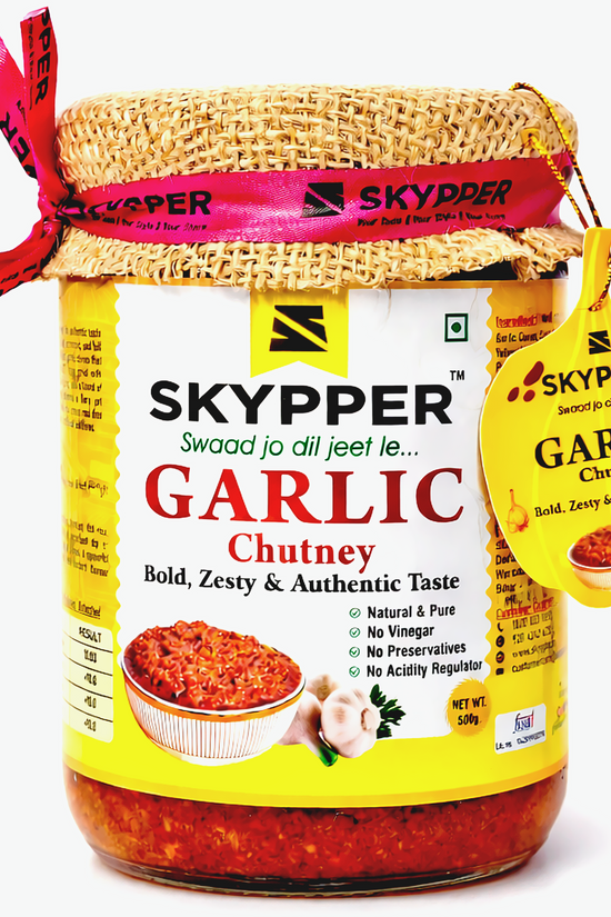 Skypper Garlic Chutney | Traditional Tangy & Spicy Indian Achar | Handcrafted, Sun-Dried & Naturally Preserved | Made with Cold-Pressed Mustard Oil | Food Graded Glass Jar