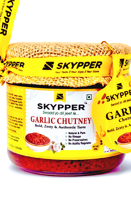 Skypper Garlic Chutney | Traditional Tangy & Spicy Indian Achar | Handcrafted, Sun-Dried & Naturally Preserved | Made with Cold-Pressed Mustard Oil | Food Graded Glass Jar