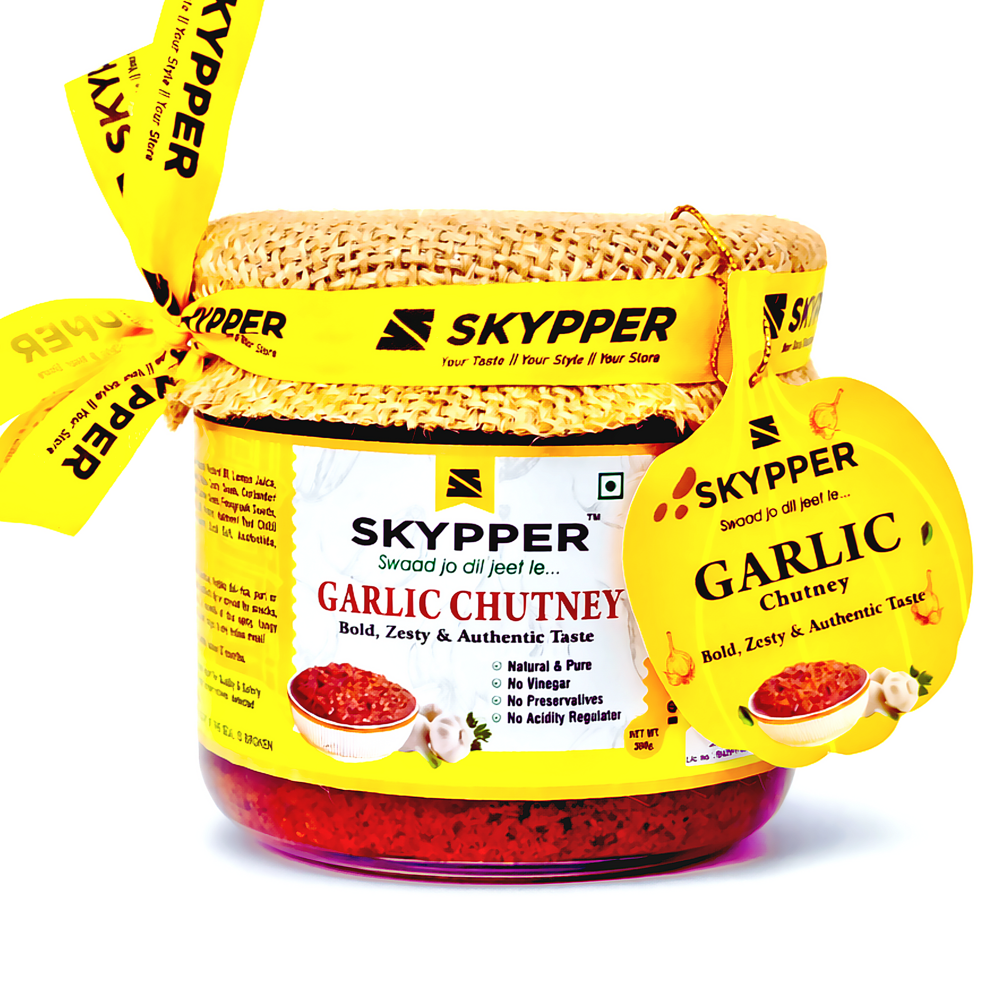 Skypper Garlic Chutney | Traditional Tangy & Spicy Indian Achar | Handcrafted, Sun-Dried & Naturally Preserved | Made with Cold-Pressed Mustard Oil | Food Graded Glass Jar
