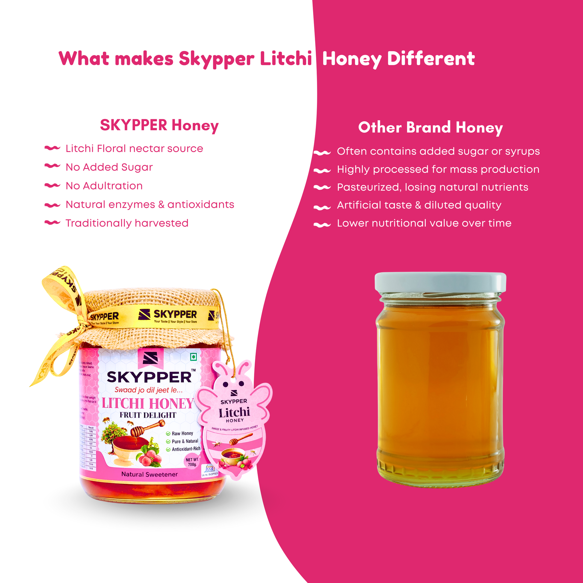 Skypper Litchi Honey| Pure & Natural | Rich Aroma & Balanced Sweetness | Loaded with Enzymes, Minerals & Antioxidants | Daily Health Tonic | Food-Grade Glass Jar (250g,500g,700g Litchi Honey)