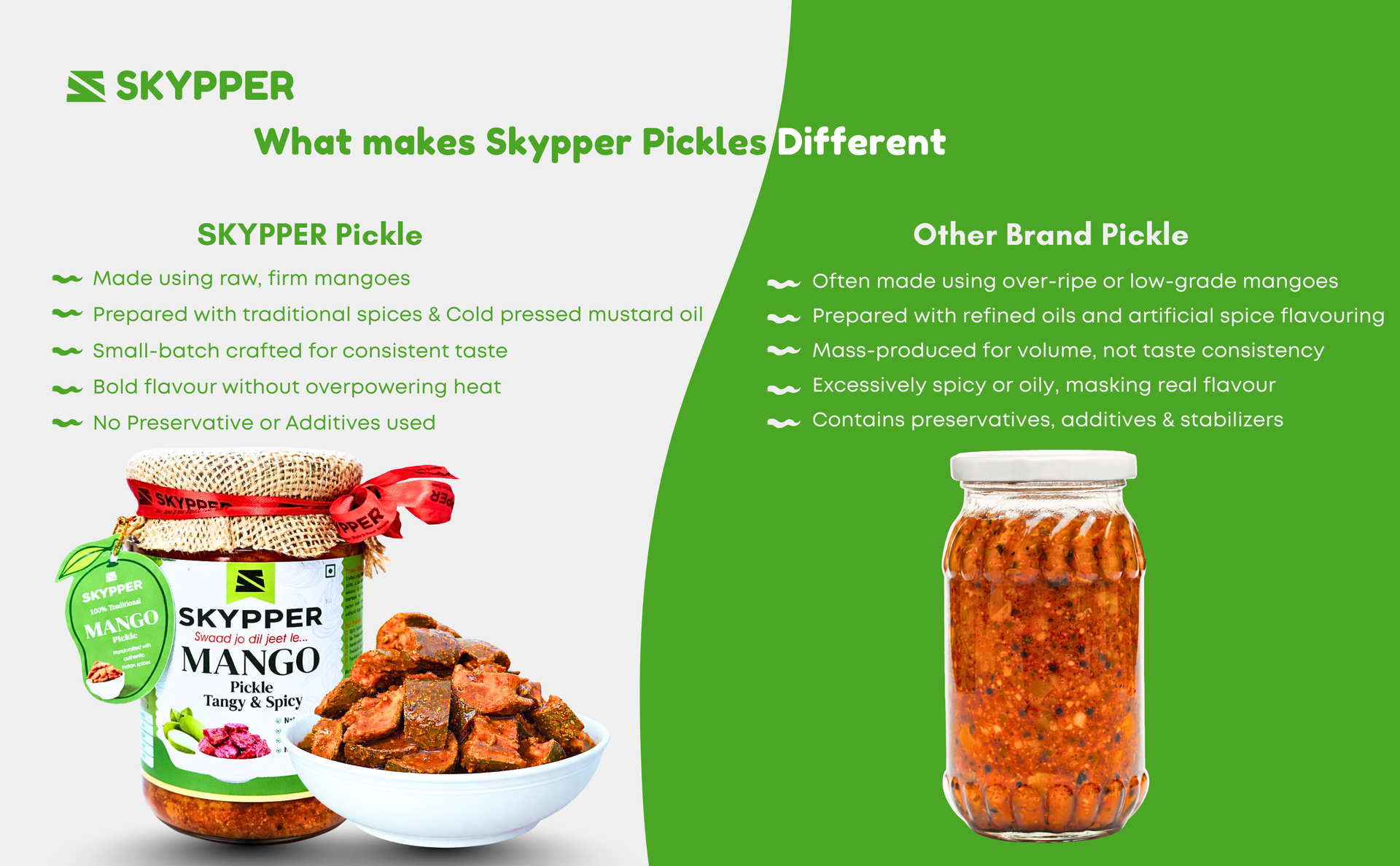 Skypper Mango Pickle  | Traditional Tangy & Spicy Indian Achar | Handcrafted, Sun-Dried & Naturally Preserved | Made with Cold-Pressed Mustard Oil | Food Graded Glass Jar banner