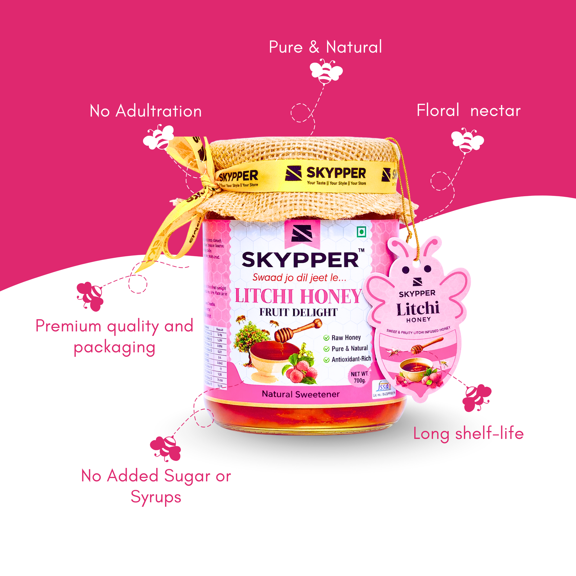 Skypper Litchi Honey| Pure & Natural | Rich Aroma & Balanced Sweetness | Loaded with Enzymes, Minerals & Antioxidants | Daily Health Tonic | Food-Grade Glass Jar (250g,500g,700g Litchi Honey)