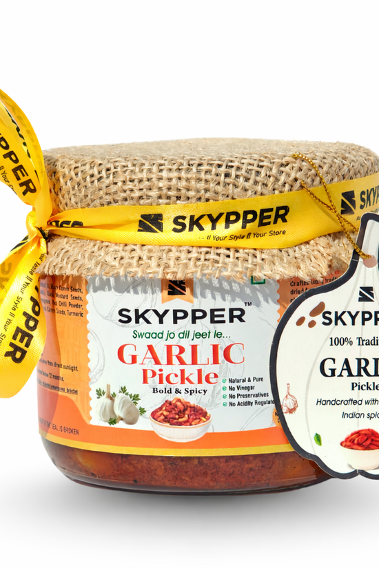 Skypper Garlic Pickle | Traditional Tangy & Spicy Indian Achar | Handcrafted, Sun-Dried & Naturally Preserved | Made with Cold-Pressed Mustard Oil | Food Graded Glass Jar