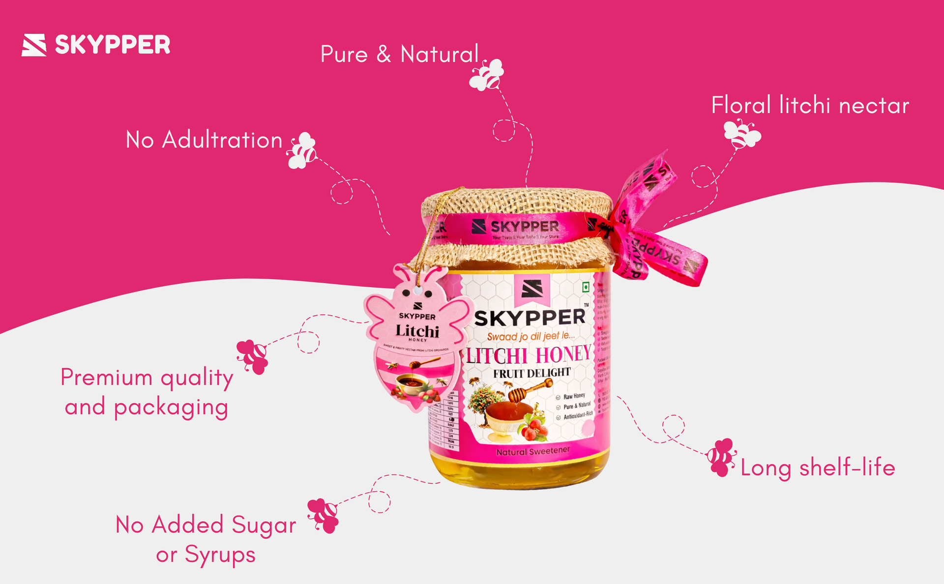 Skypper Litchi Honey| Pure & Natural | Rich Aroma & Balanced Sweetness | Loaded with Enzymes, Minerals & Antioxidants | Daily Health Tonic | Food-Grade Glass Jar (250g,500g,700g Litchi Honey) banner