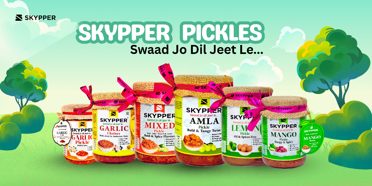 Promotional banner for Skyppeer pickles with various jar types on a green background