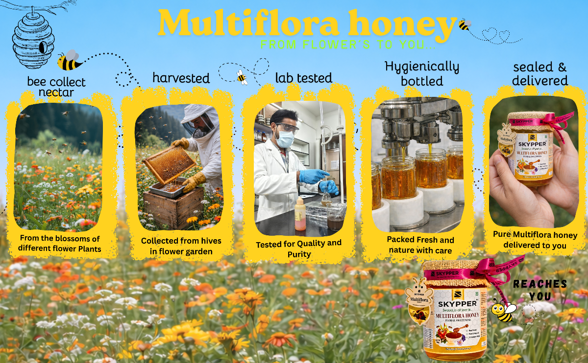 Multiflora honey infographic showing the process from flowers to honey jar.