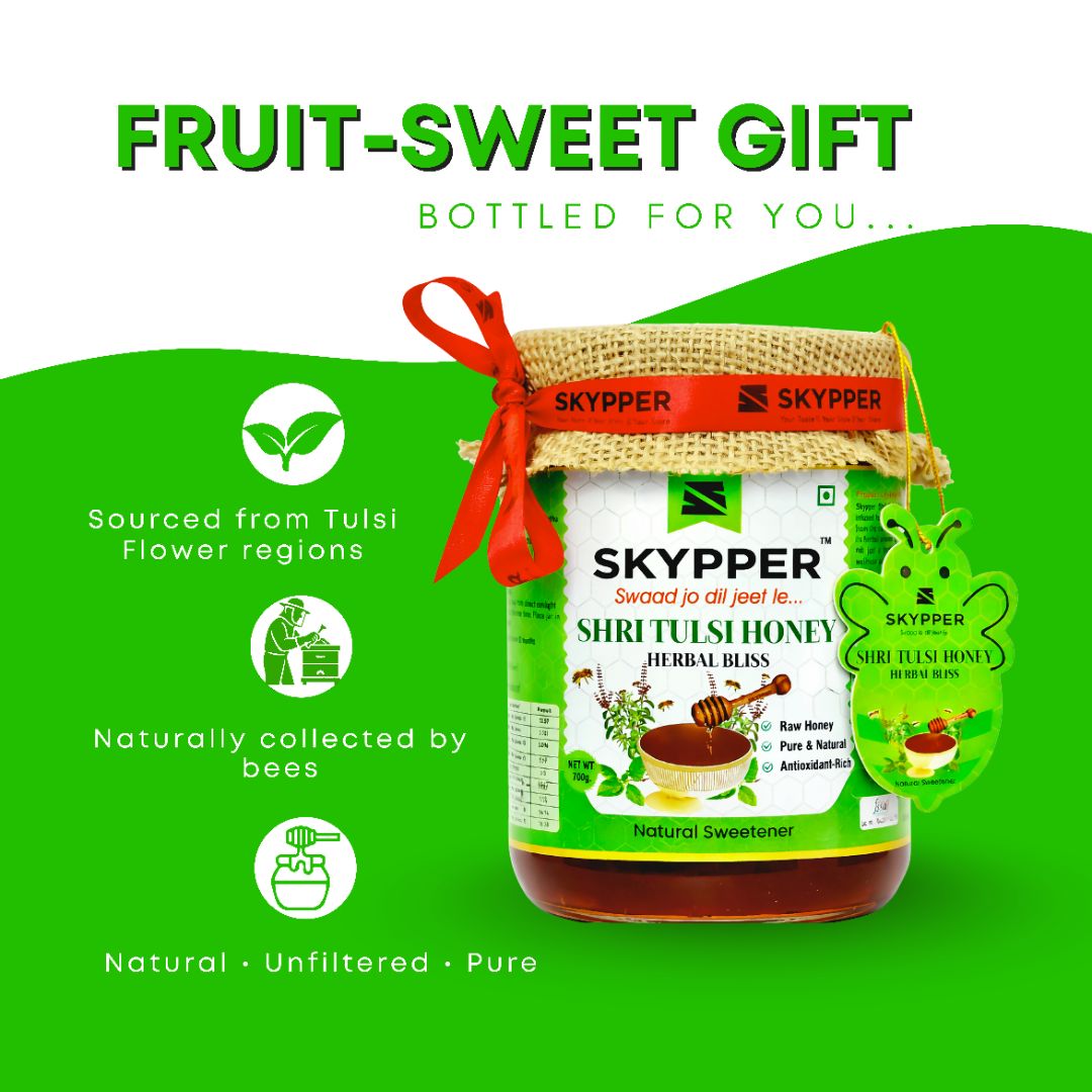 Skypper Tulsi Honey | Pure & Natural | Rich Aroma & Balanced Sweetness | Loaded with Enzymes, Minerals & Antioxidants | Daily Health Tonic | Food-Grade Glass Jar (250g,500g,700g Tulsi Honey)