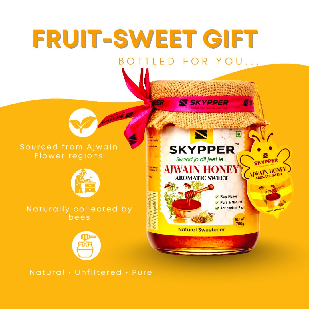Skypper Ajwain Honey  | Pure & Natural | Rich Aroma & Balanced Sweetness | Loaded with Enzymes, Minerals & Antioxidants | Daily Health Tonic | Food-Grade Glass Jar (250g,500g,700g Ajwain Honey)