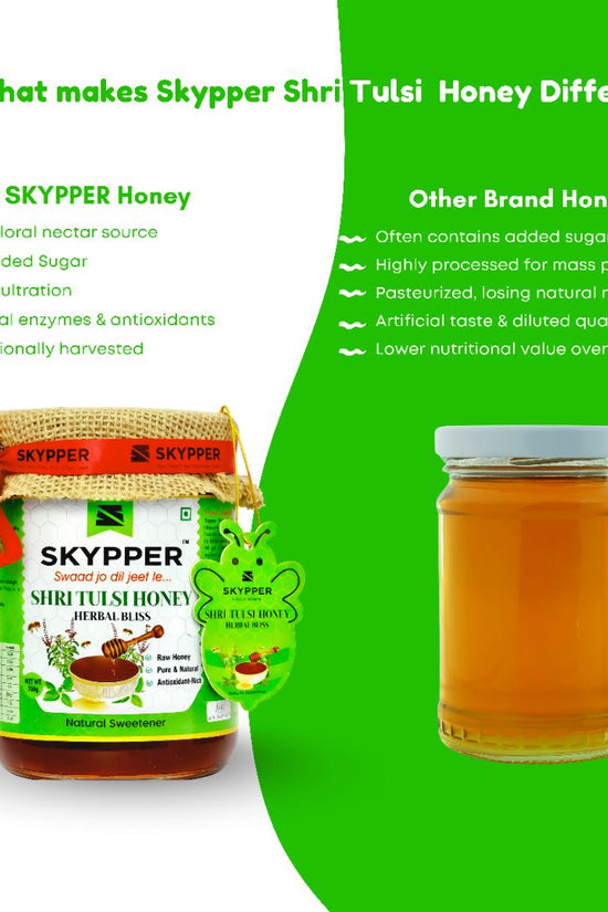 Skypper Tulsi Honey | Pure & Natural | Rich Aroma & Balanced Sweetness | Loaded with Enzymes, Minerals & Antioxidants | Daily Health Tonic | Food-Grade Glass Jar (250g,500g,700g Tulsi Honey)