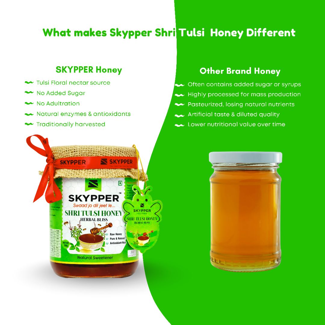 Skypper Tulsi Honey | Pure & Natural | Rich Aroma & Balanced Sweetness | Loaded with Enzymes, Minerals & Antioxidants | Daily Health Tonic | Food-Grade Glass Jar (250g,500g,700g Tulsi Honey)