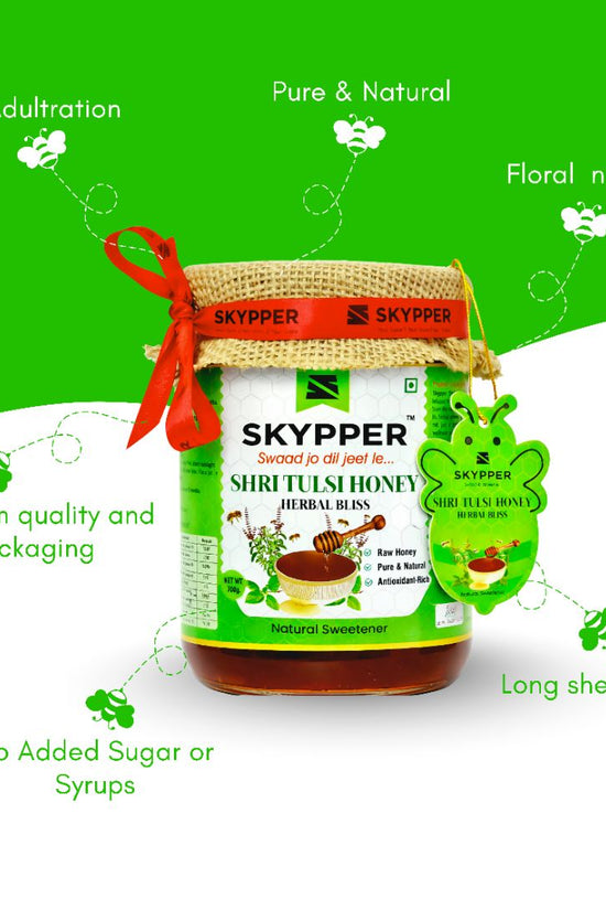 Skypper Tulsi Honey | Pure & Natural | Rich Aroma & Balanced Sweetness | Loaded with Enzymes, Minerals & Antioxidants | Daily Health Tonic | Food-Grade Glass Jar (250g,500g,700g Tulsi Honey)