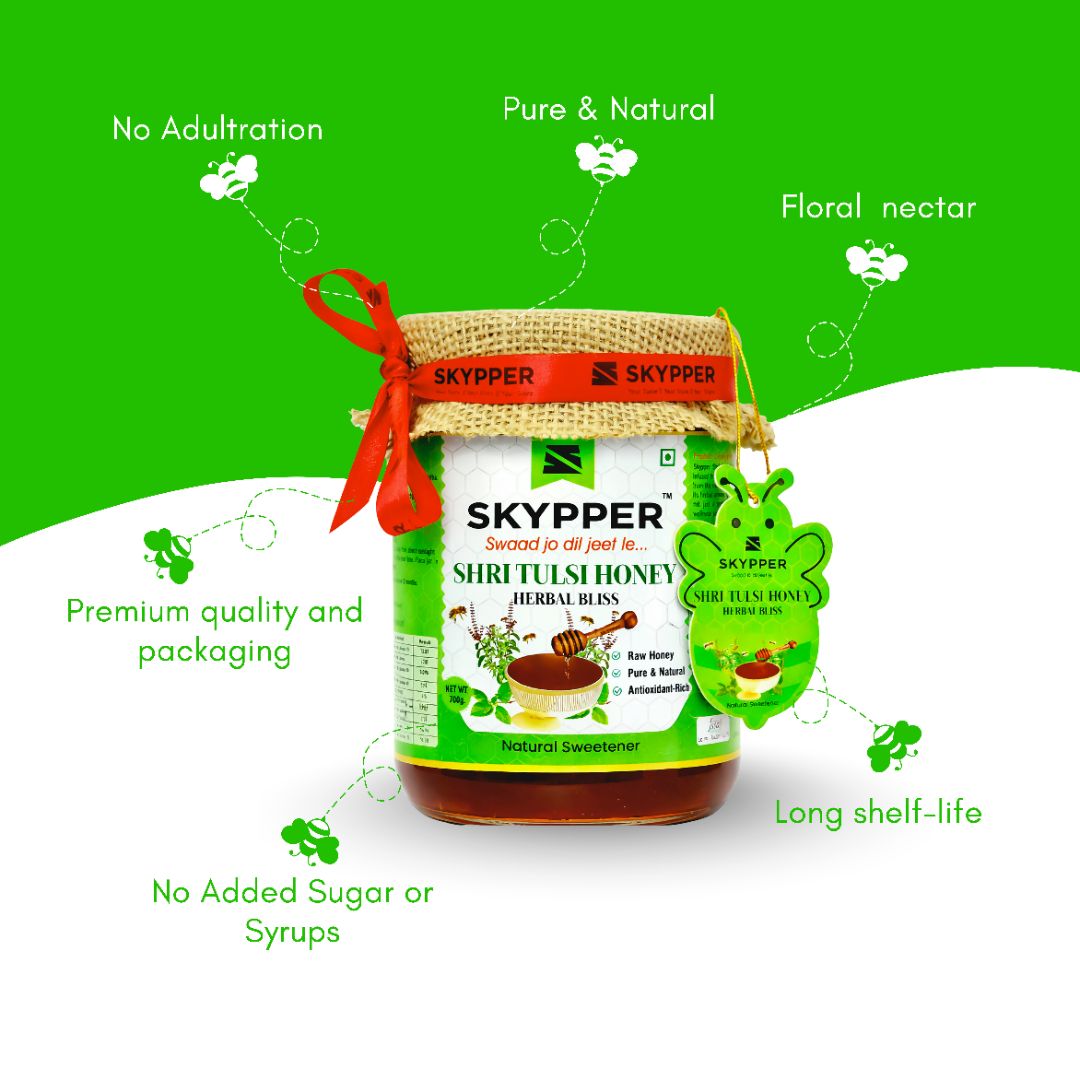 Skypper Tulsi Honey | Pure & Natural | Rich Aroma & Balanced Sweetness | Loaded with Enzymes, Minerals & Antioxidants | Daily Health Tonic | Food-Grade Glass Jar (250g,500g,700g Tulsi Honey)