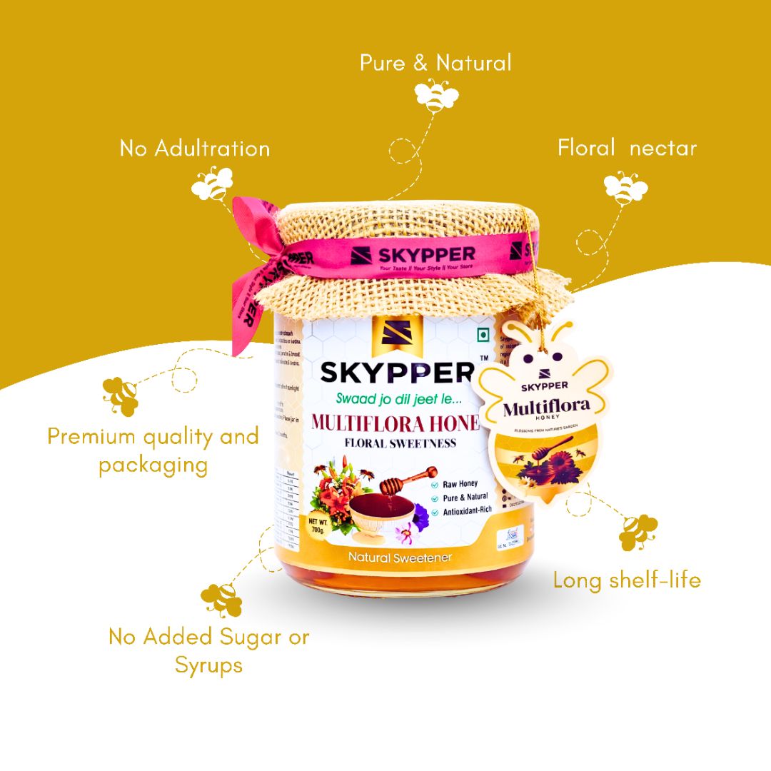Skypper Multiflora Honey | Pure & Natural | Rich Aroma & Balanced Sweetness | Loaded with Enzymes, Minerals & Antioxidants | Daily Health Tonic | Food-Grade Glass Jar (250g,500g,700g Multiflora Honey)