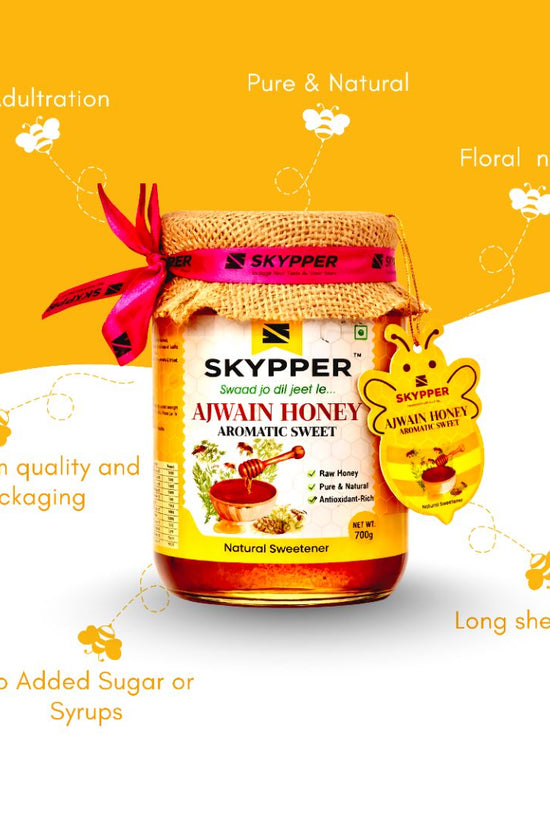 Skypper Ajwain Honey  | Pure & Natural | Rich Aroma & Balanced Sweetness | Loaded with Enzymes, Minerals & Antioxidants | Daily Health Tonic | Food-Grade Glass Jar (250g,500g,700g Ajwain Honey)